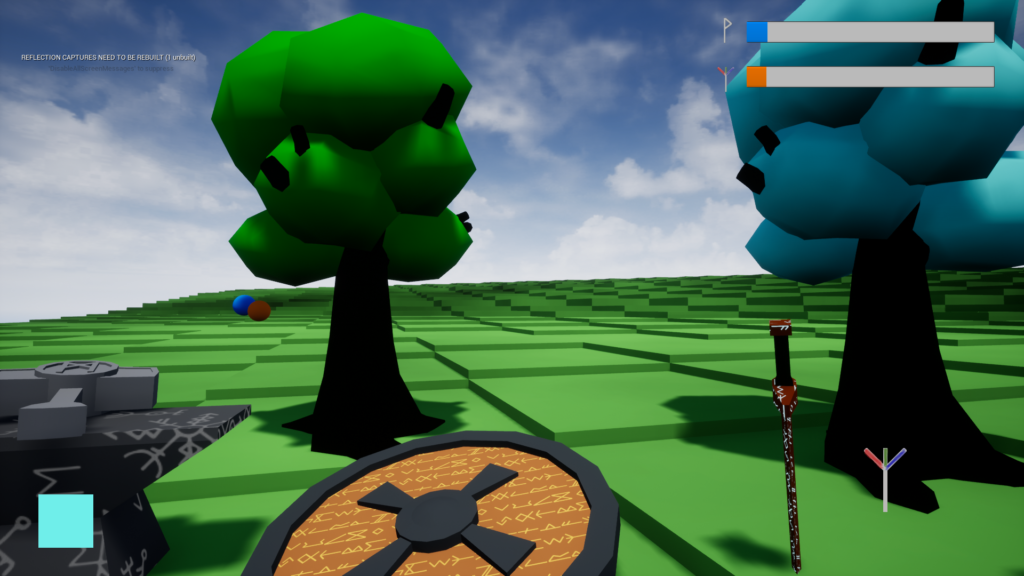 Low poly trees, a shield, a sword and an anvil are visible